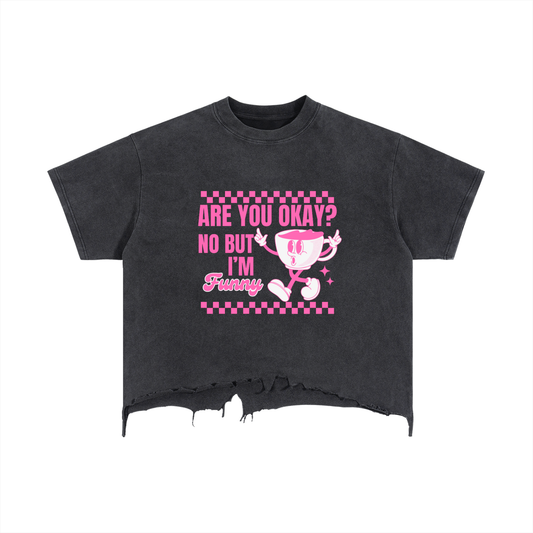 Are you okay? Vintage Wash Boxy Distressed Hem T-Shirt